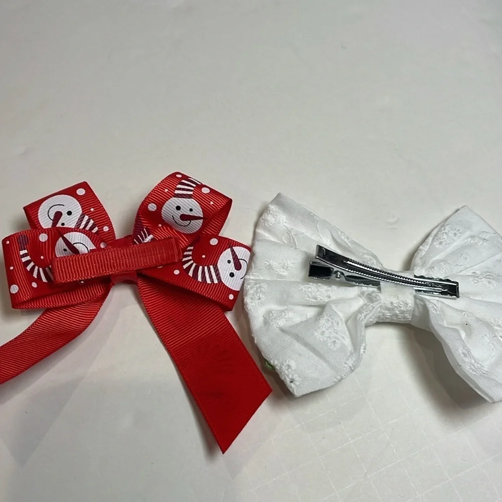 Hair Bows Accessories Red Snowman and White Christmas Tree Holiday Set of 2